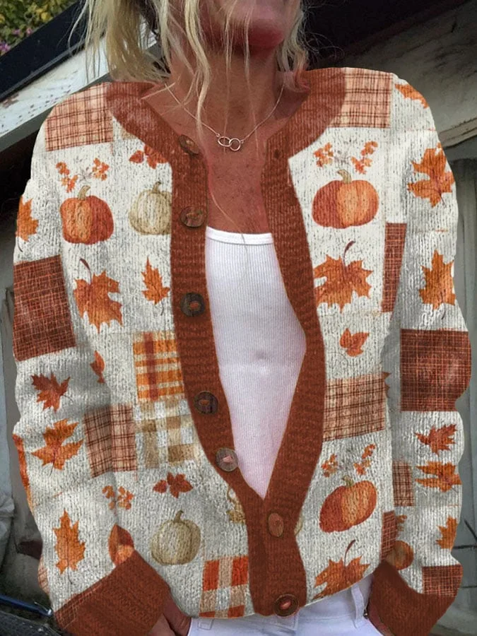 Women's Thanksgiving Pumpkin Maple Leaf Knit Cardigan