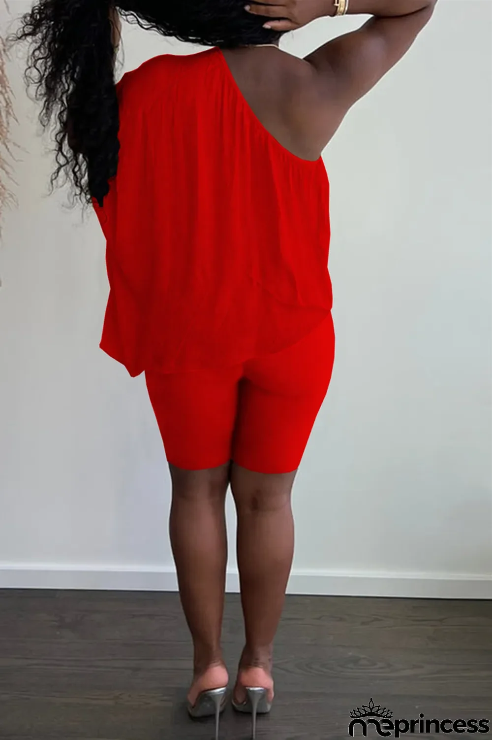 Red Fashion Casual Print Backless Oblique Collar Short Sleeve Two Pieces