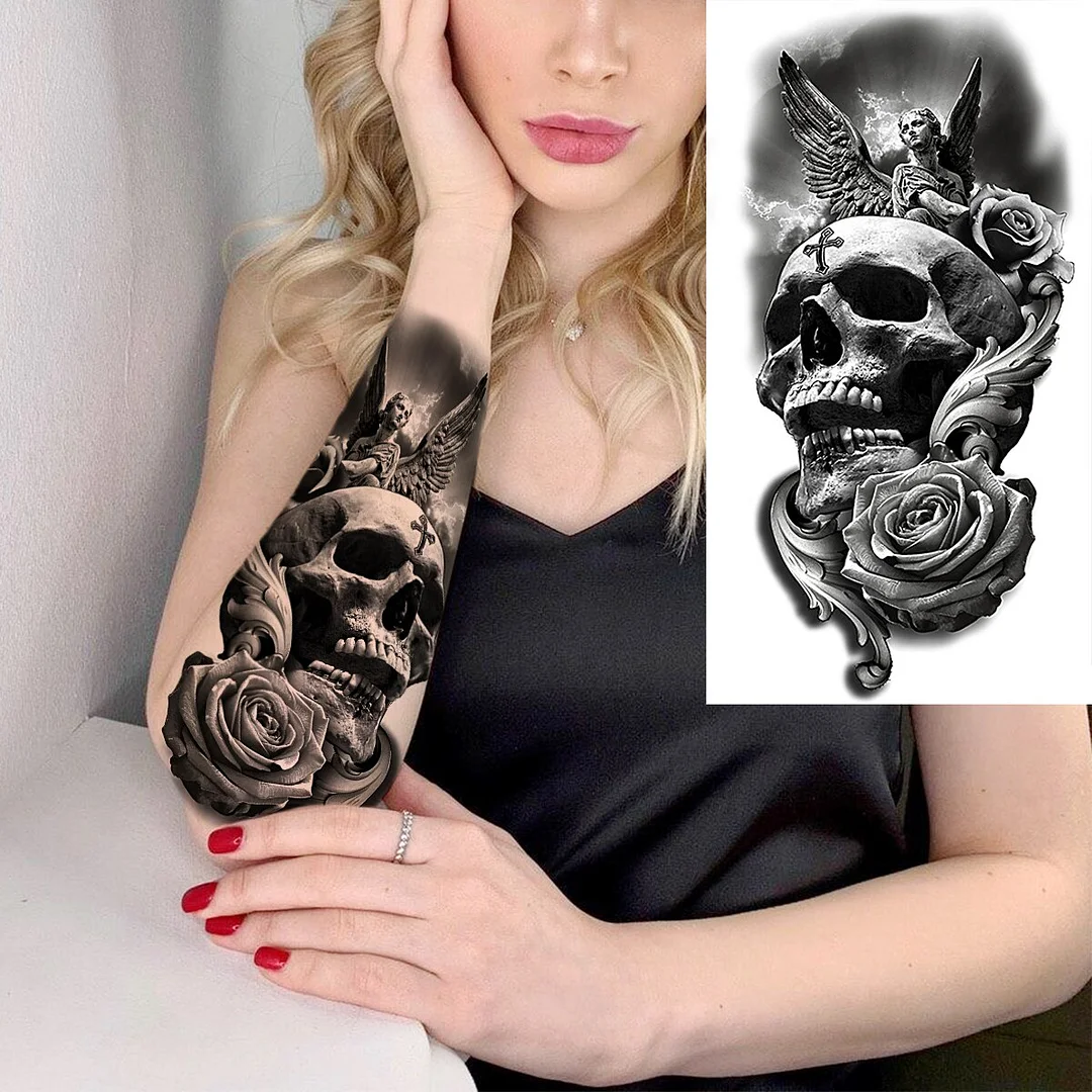 Sdrawing Realistic Black Devil Temporary Tattoos For Men Adult Tiger Pirate Skeleton Vampire Fake Tattoo Forearm Scary Tatoo Joker