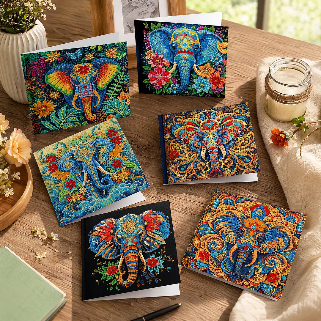 6pcs Elephant DIY Diamond Painting Greeting Card Kits with Envelopes Diamond Art Greeting Cards Diamond Art Cards Kits for Adults DIY Crafts Family Friend Gifts
