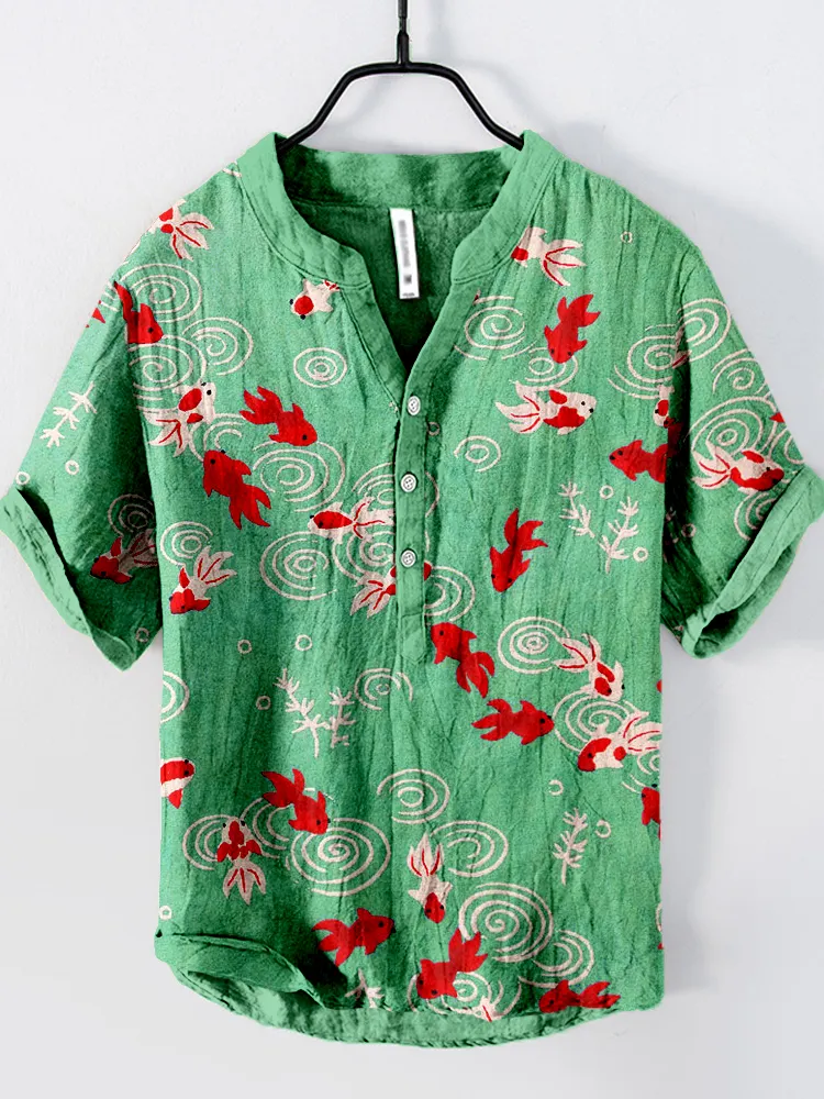 Japanese Gold Fish Art Pattern Linen Blend Shirt
