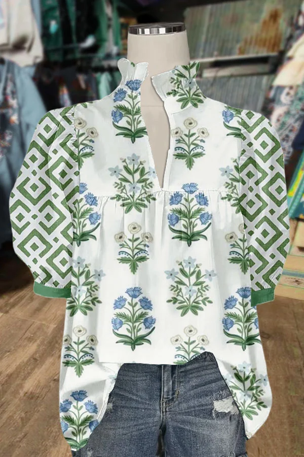 Floral Print V-Neck Geo Puff Sleeve Top