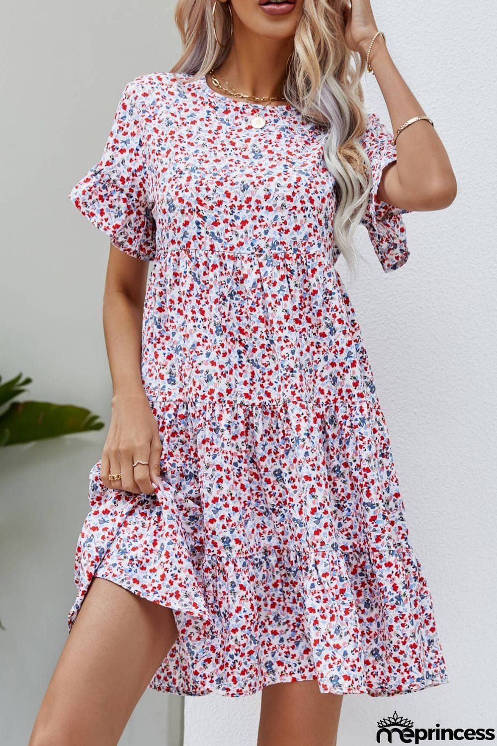 Ditsy Floral Flounce Sleeve Tiered Dress