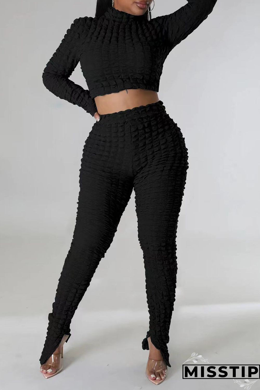 Black Casual Solid Patchwork Turtleneck Long Sleeve Two Pieces