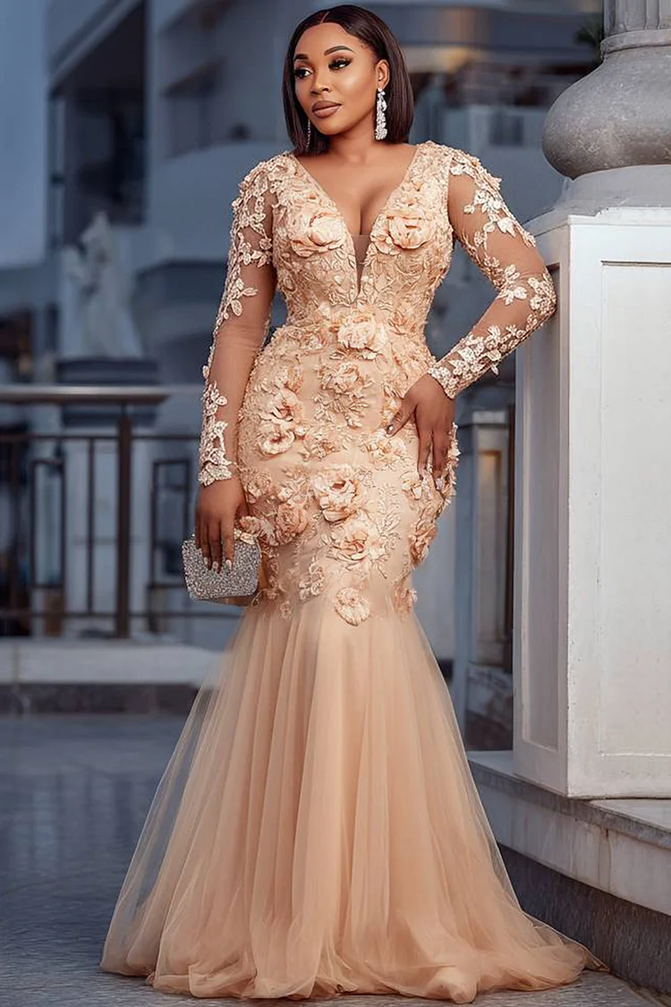 Xpluswear Design Plus Size Formal Tulle Champagne V Neck Long Sleeve Mermaid 3D Lace Maxi Dresses [Pre-Order] 2024 - Xpluswear