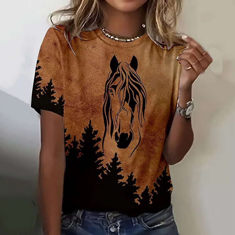Women's Retro Western Horse Print Casual T-shirt