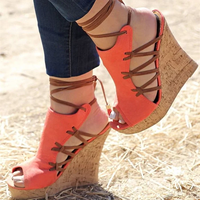 Orange Cork Wedges Ankle Wrap Strappy Peep Toe Vegan Suede Platform Sandals |FSJ Shoes