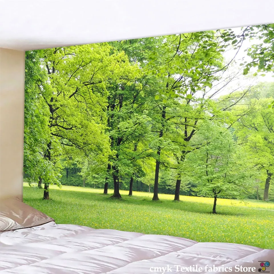 Green Bamboo Forest Nature Tapestry Design Wood Grain Tapestry Forest Wall Hanging Living Room Decoration Home Decor Tree Wall