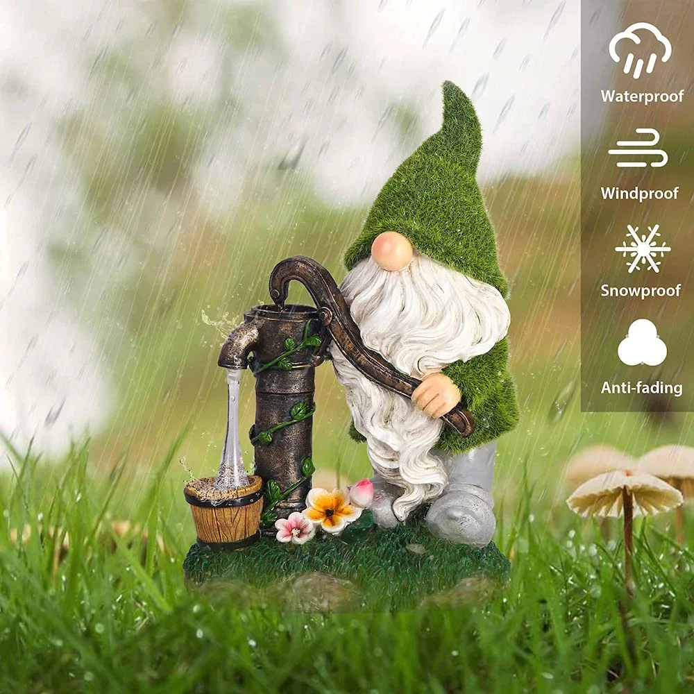 Solar Light Flocked Garden Press Water Gnome