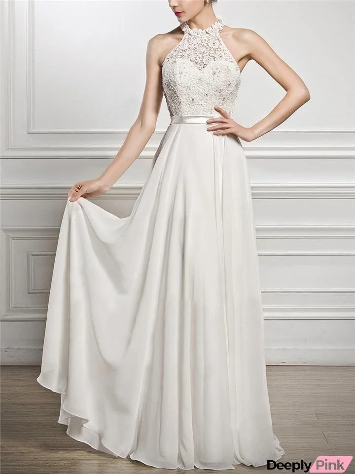 Pretty Applique Halter Neck Fitted Waist Dress for Wedding