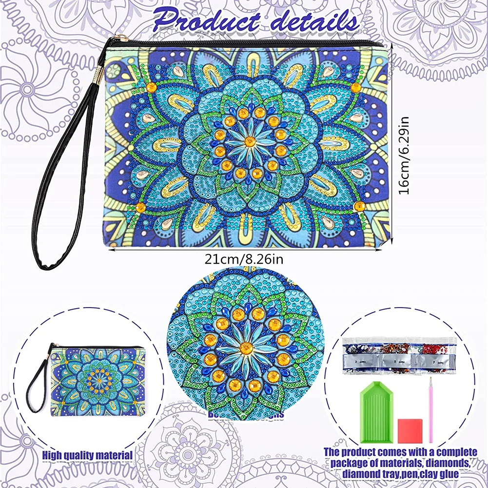 DIY Mandala Diamond Art Cosmetic Bag Flowers Single Sided PU Women Clutch