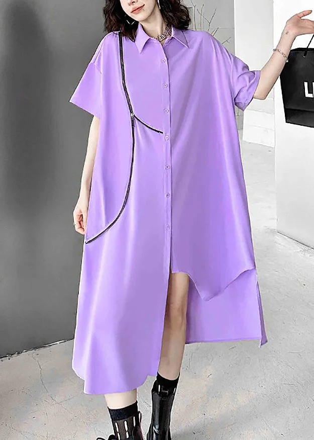 Unique Purple Asymmetrical Zippered Patchwork Chiffon Shirts Dresses Summer