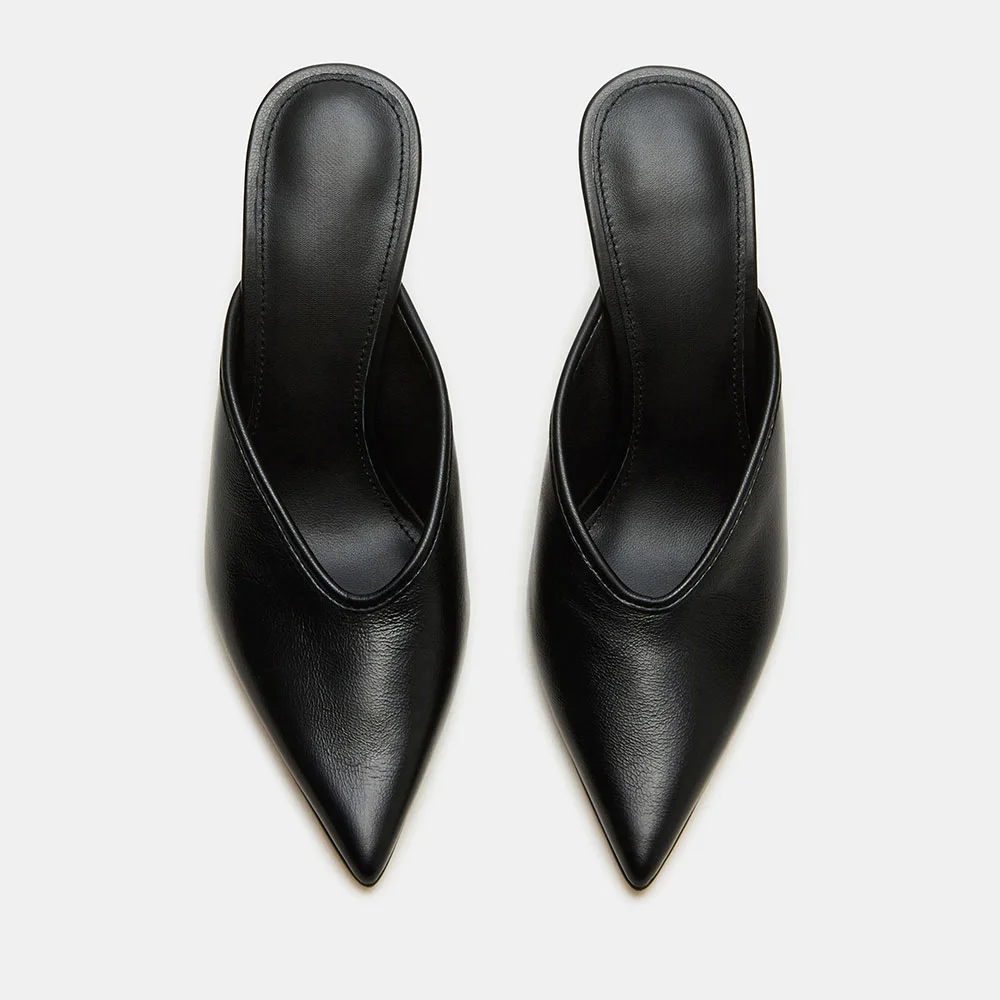 Classic Black Vegan Leather Pointed Toe Stiletto Heeled Mules