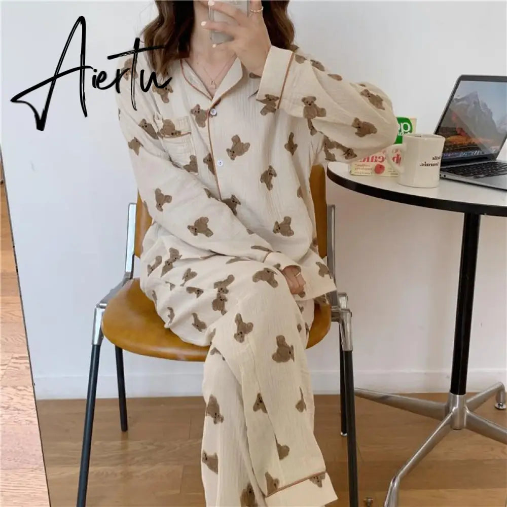 Aiertu  Cotton Women's Pajamas Kawaii Sleepwear Bear Print Couple Nightwear Cute Cartoon Print Pijama 2 Piece Set Pyjamas for Man Aiertu