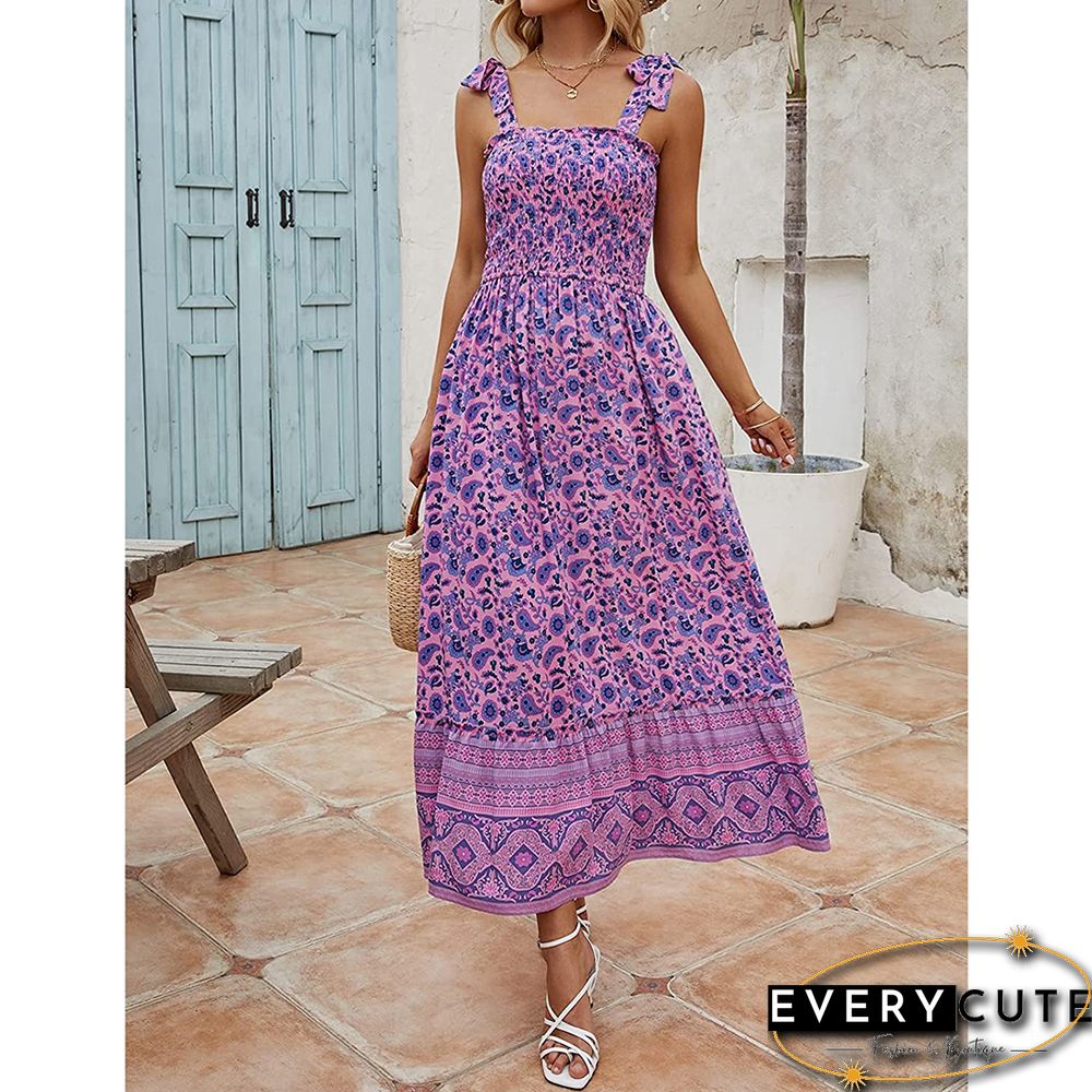 Purple Smocked Floral Print Boho Maxi Dress