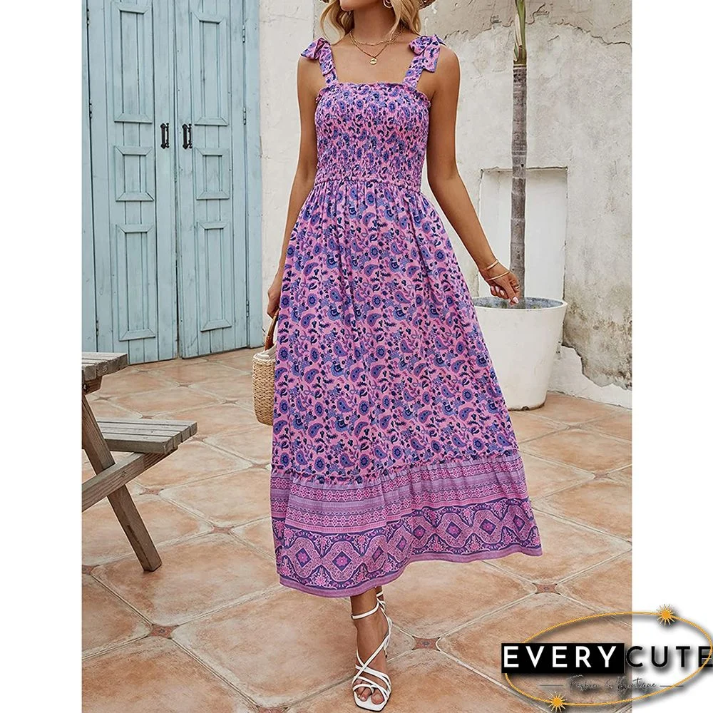 Purple Smocked Floral Print Boho Maxi Dress