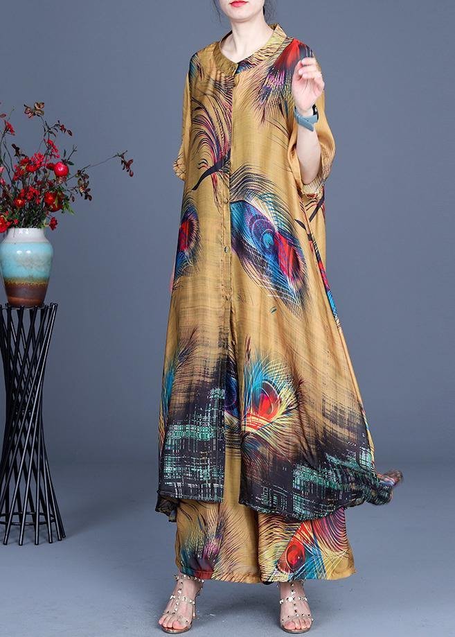 Plus Size Yellow Print O-Neck Silk Two Pieces Set Summer