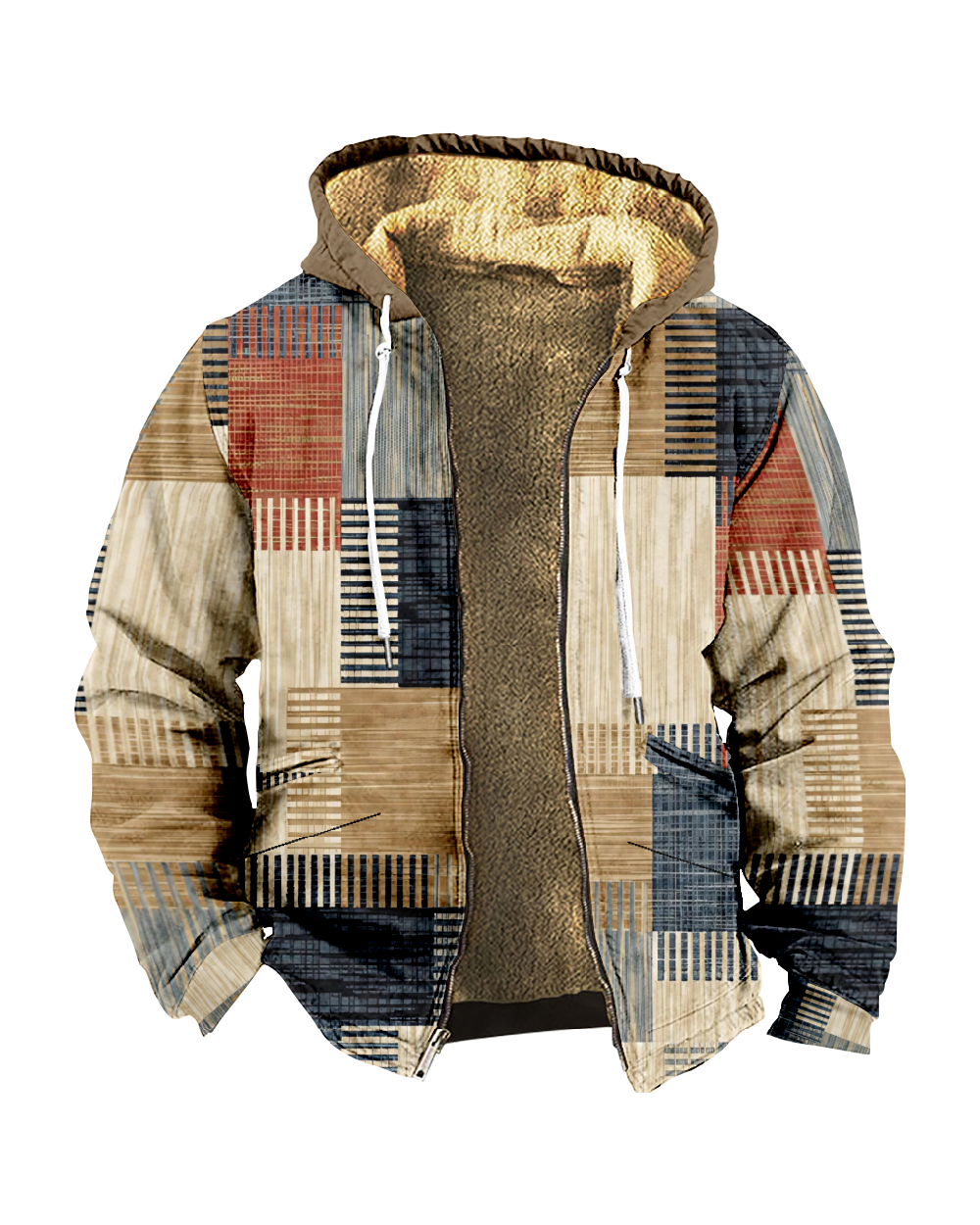 Suitmens Artistic Plaid Print Fleece Hooded Jacket 0040