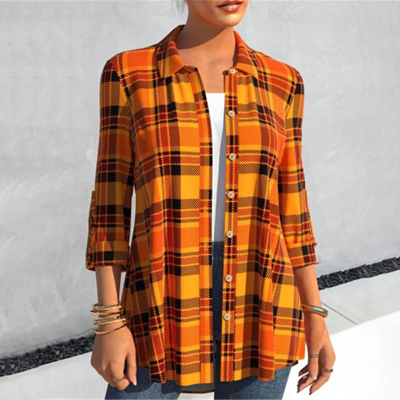 Vintage Check Print Lapel Long Sleeve Shirt