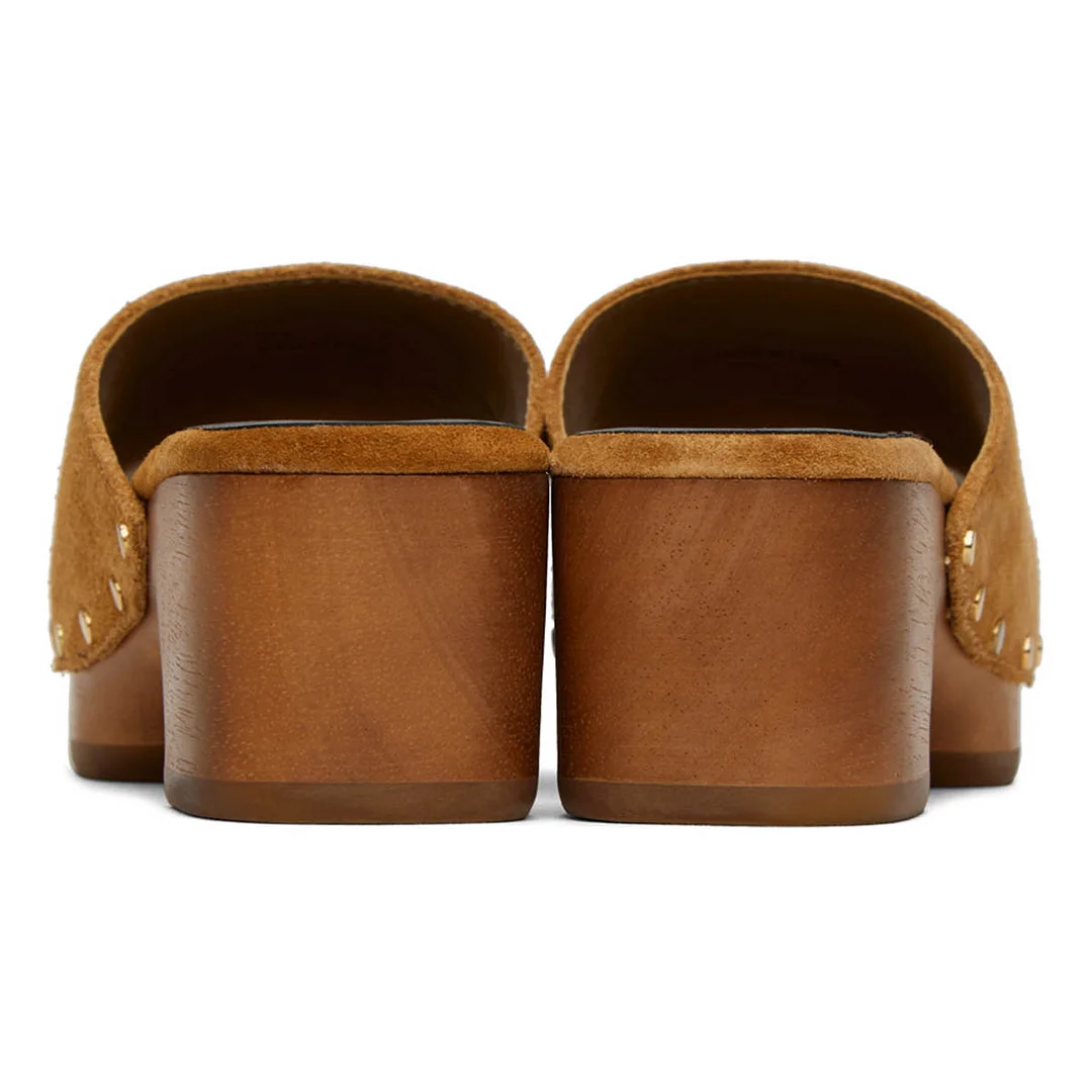 Tan Vegan Suede Chunky Heel Stud Decor Platform Slide Sandals