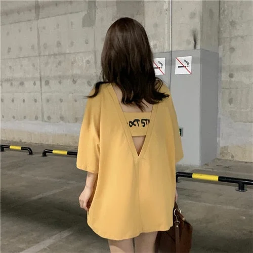 harajuku Back hollow creative women t shirt summer new letter printing tshirt female korean casual loose soft tops long t-shirts
