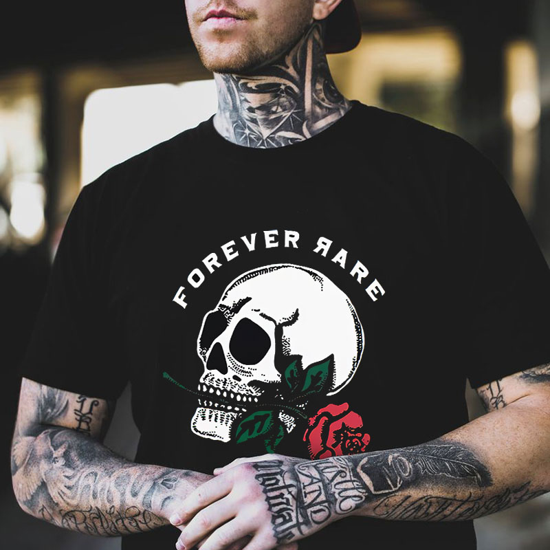 FOREVER RARE Skull with Rose Black Print T-Shirt