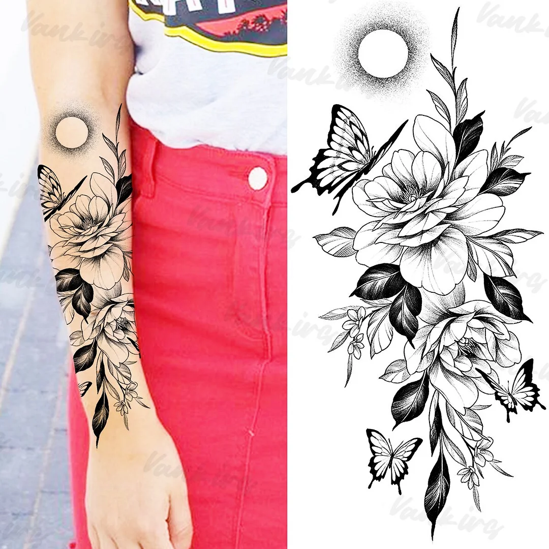 Sdrawing Peony Butterfly Temporary Butterfly Tattoos For Women Girls Realistic Snake Sun Fake Tattoo Sticker Leg Body Tatoos