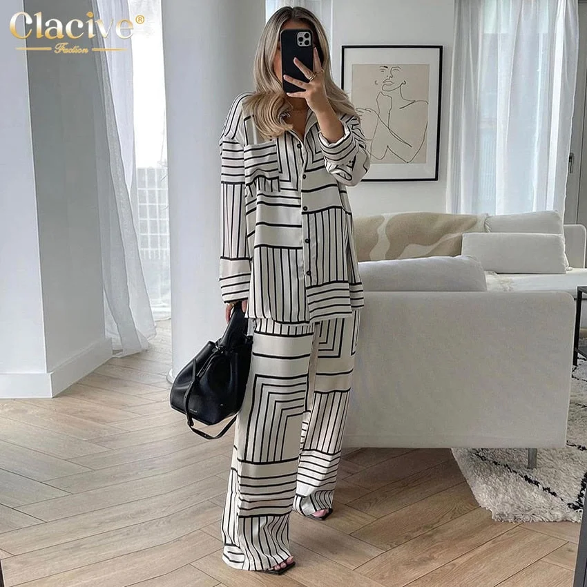 Clacive Casual Print High Waist Pants Sets Women Elegant Loose Long Sleeve Blouse Home Two Piece Set Fashion Wide Trouser Suits