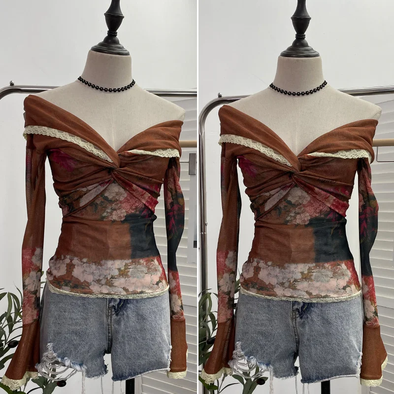 Churchf Vintage Oil Painting Print Collar A Word Twisted Folded Short-Sleeved Trumpet Blouse 9907