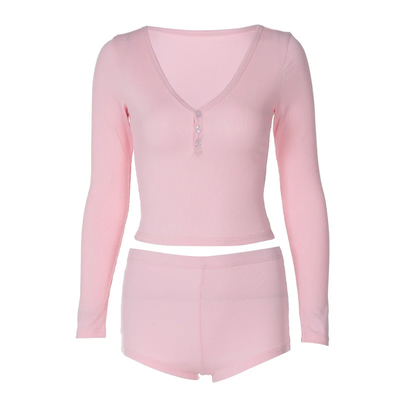 Uveng Uveng Women's Sexy Low Cut V-Neck Tight Long Sleeve Top Fashion Sporty Short Shorts Two-Piece Set