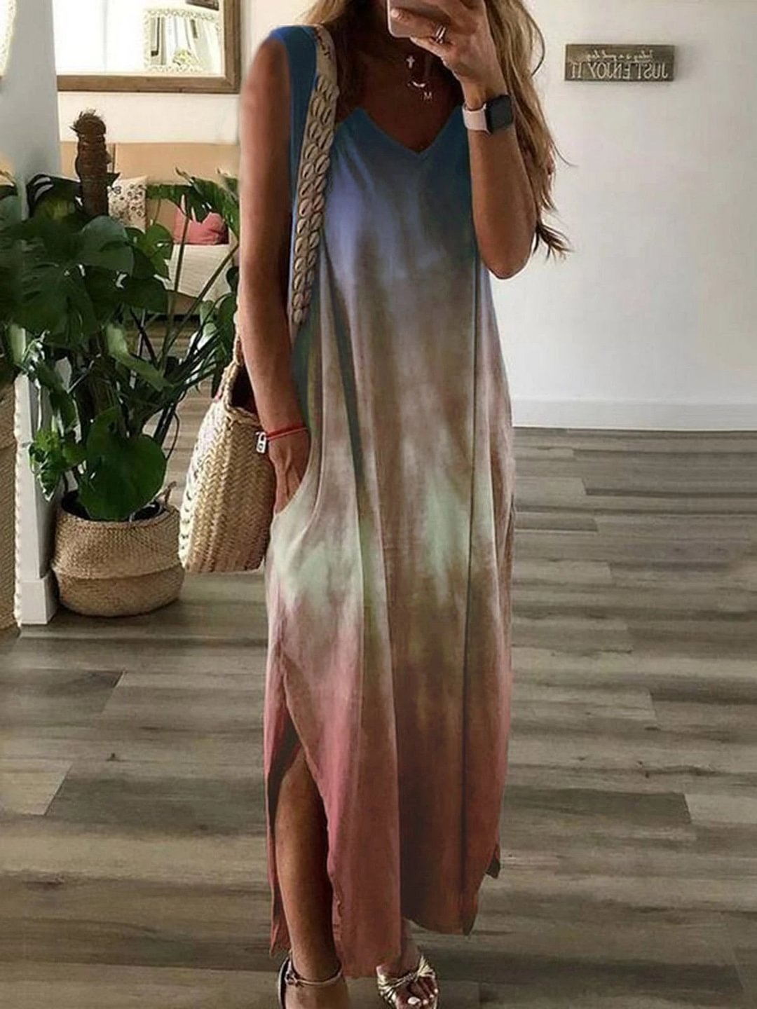 Gradient Tie-Dye Print Sleeveless Long Dress