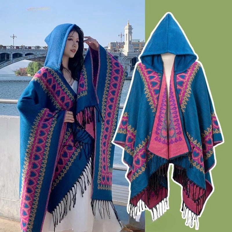 Ethnic Style Hooded Cape Women’s Yunnan Tibet Western Sichuan Grassland Bohemia Travel Wear Scarf Coat