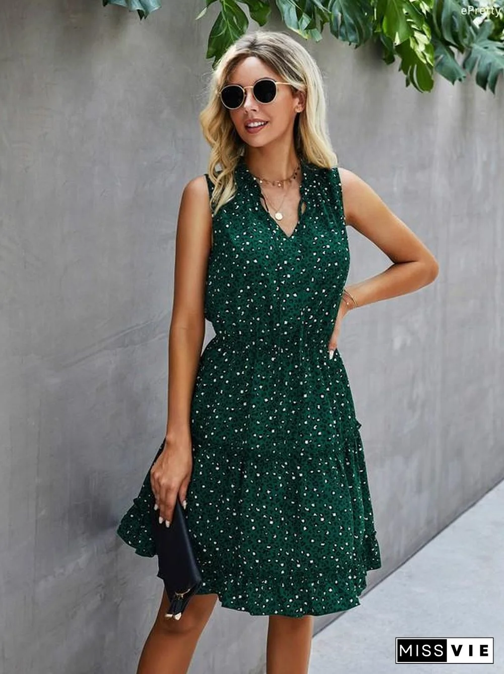 Sleeveless Polka Dot V Neck Lace Mini Swing Skater Dress