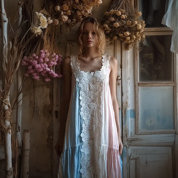 Trans Flag Color Inspired Lace Floral Linen Maxi Dress
