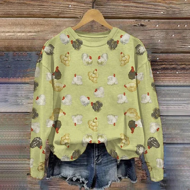 Wearshes Women's Chicken Print Crew Neck Long Sleeve Casual Sweatshirt