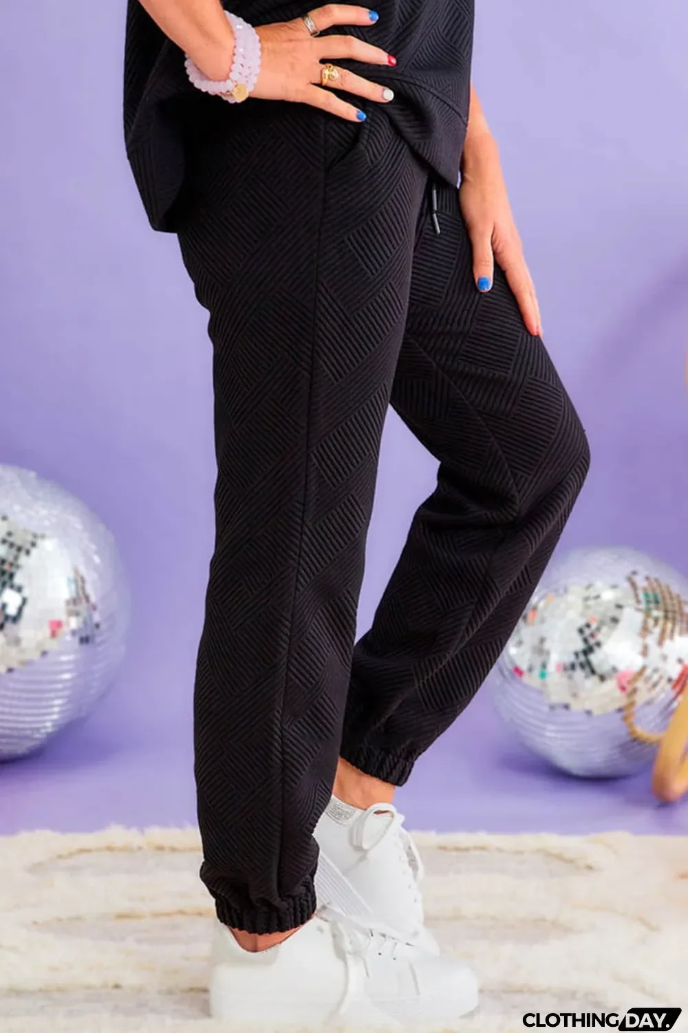 Black Plus Size Textured Drawstring Waist Joggers