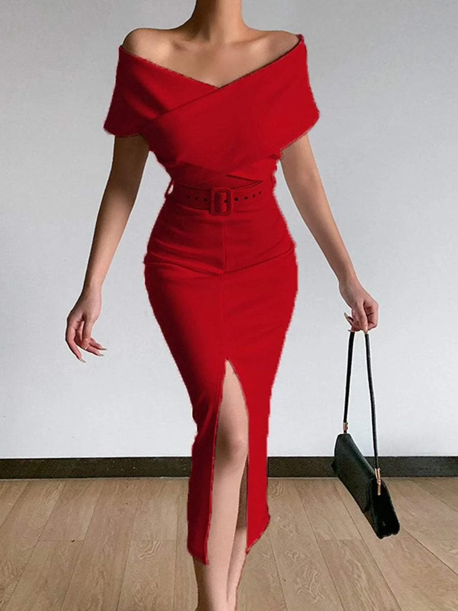 New Off Shoulder Belt Slit Evening Dress