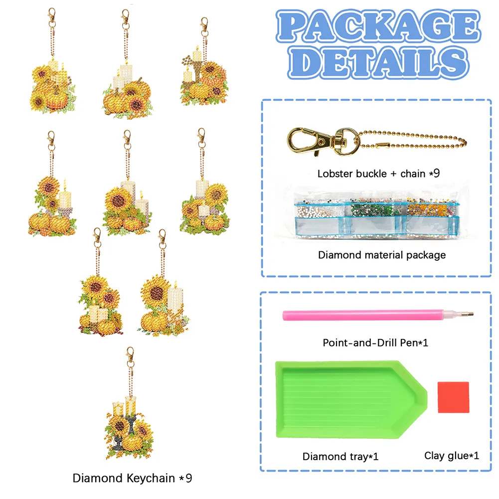 9pcs DIY Pumpkin Sunflower Candle Double Sided Special Shape Diamond Painting Art Keychains Pendant