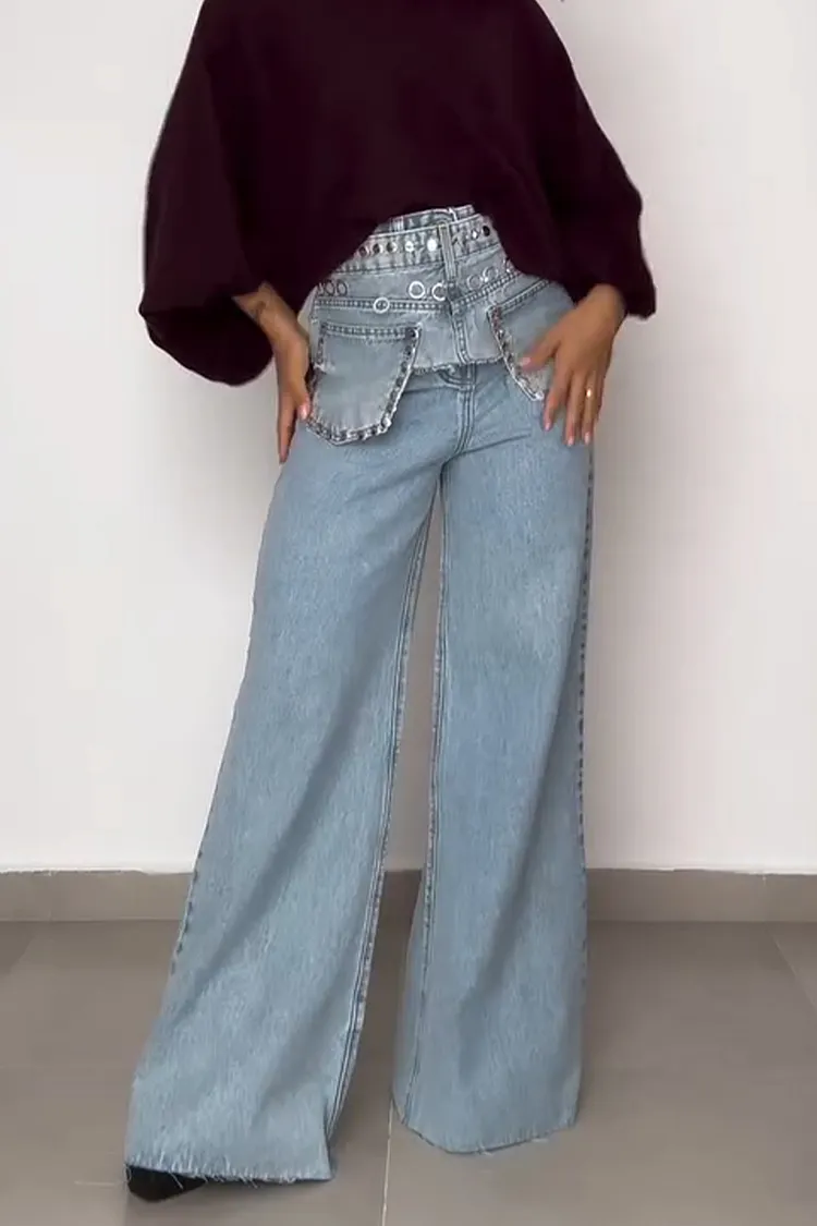 Women's Casual Wide Leg Jeans + Studded Waistband