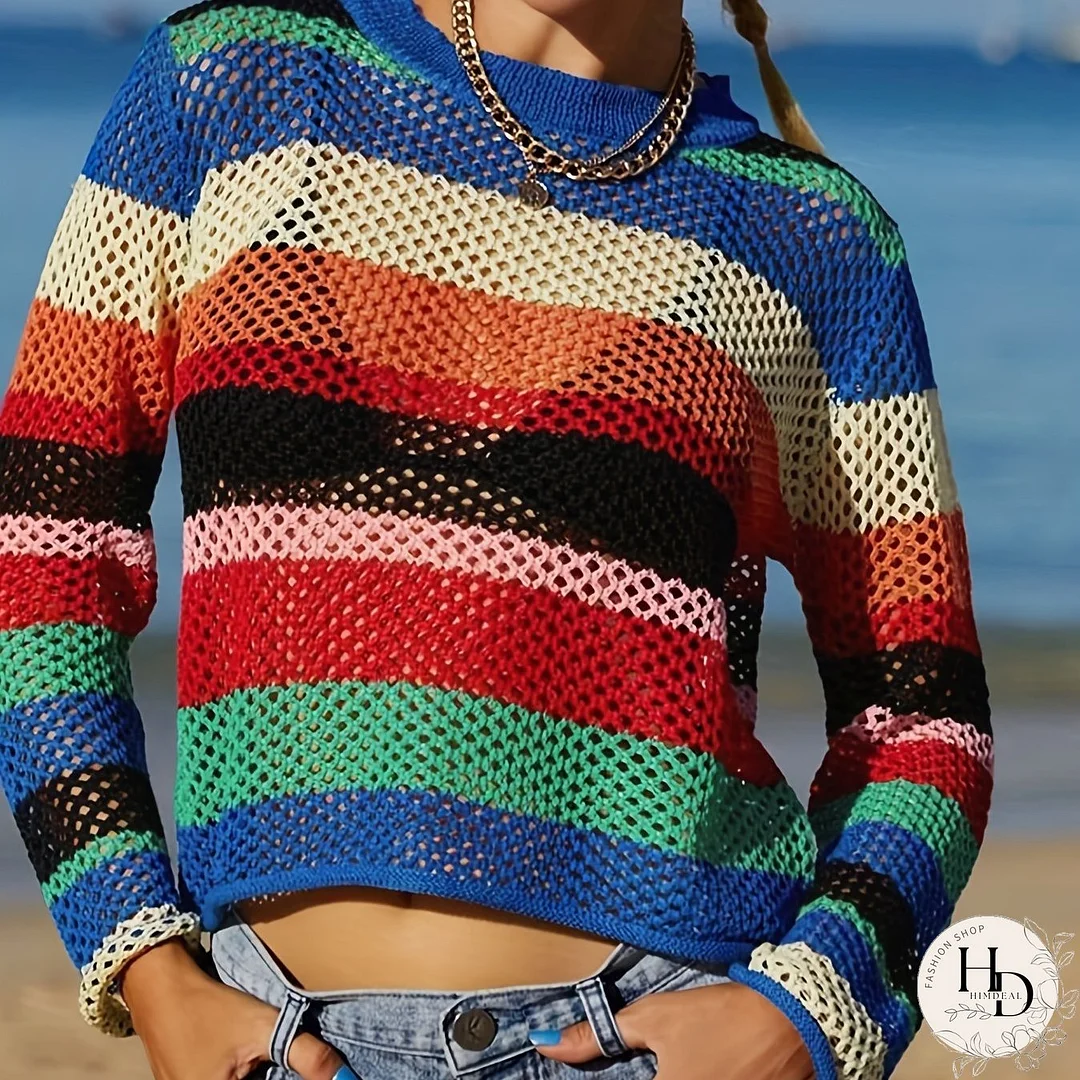 Colorful Striped Crochet Coverup, Vacation Crew Neck Long Sleeve Coverup, Women's Clothing