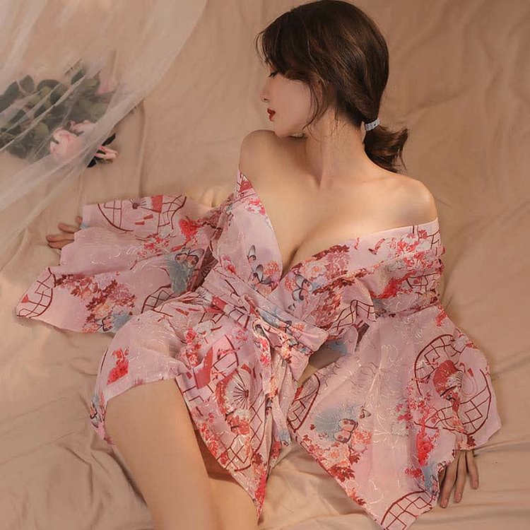 Sexy V-neck Floral Print Kimono Dress Lingerie - Modakawa Modakawa