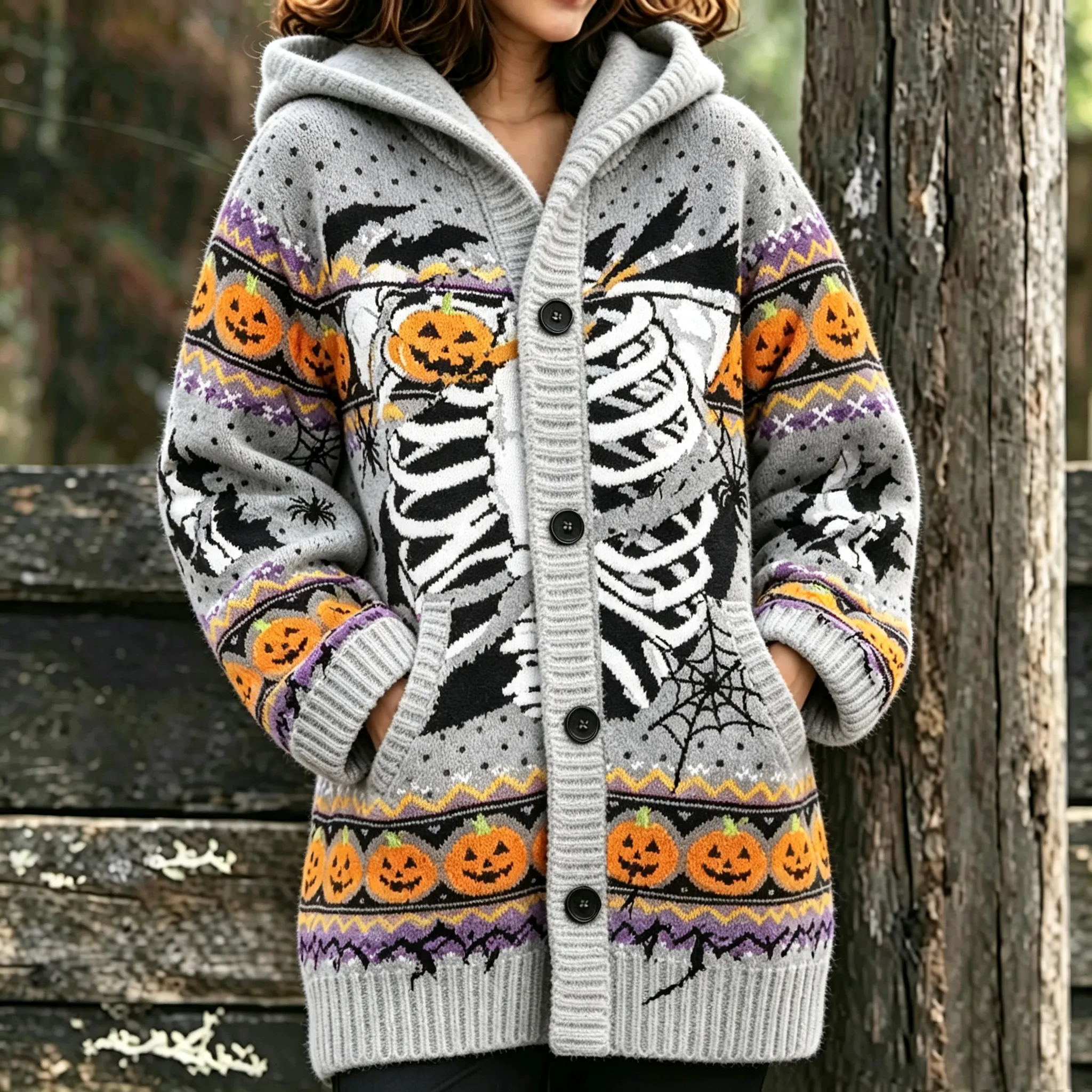 Comstylish Women's Halloween Skeleton Pumpkin Skull Print Hooded Cardigan Sweater