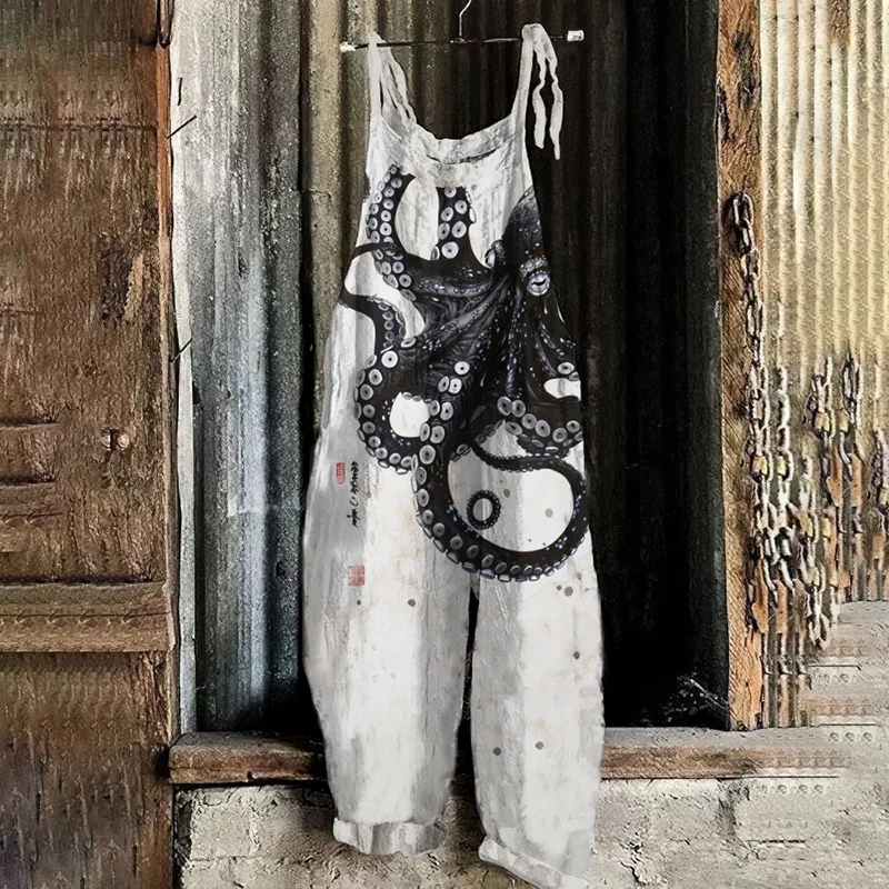 Retro Japanese Art Octopus Ink Print Casual Loose Jumpsuit