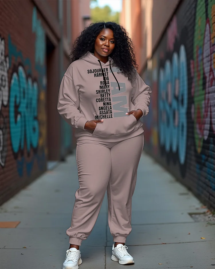Women's Plus Size I Am Letter Print Long Sleeve Hoodie And Casual Pants Set