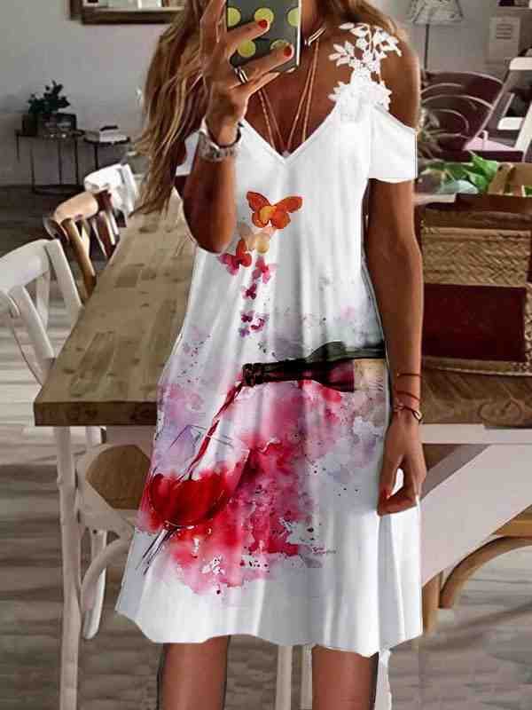 Wine and Butterfly Lace Short Sleeve A-Line Knee Length Resort Dress