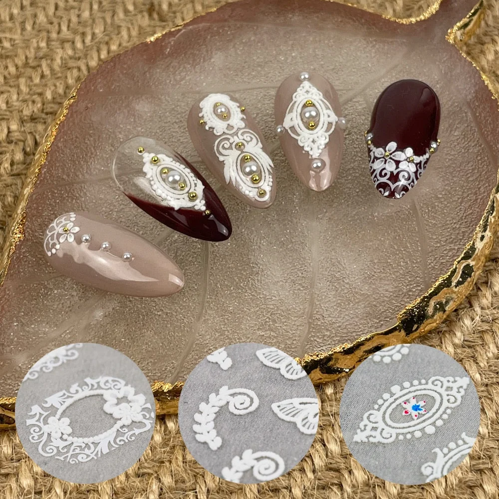 [Beautizon] 3D Engraved Nail Art Stickers Baroque Design Frame style white Leaf Flower high quality Sticker Empaistic Nail