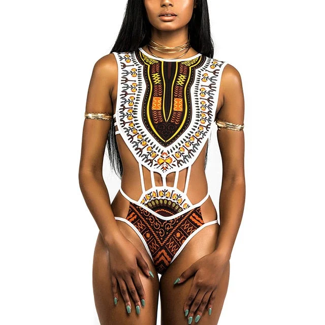 2022 African Dashiki Print One Piece Swimsuit Women High leg cut Swimwear Female Trikini Thong Monokini Brazilian Bathing Suit