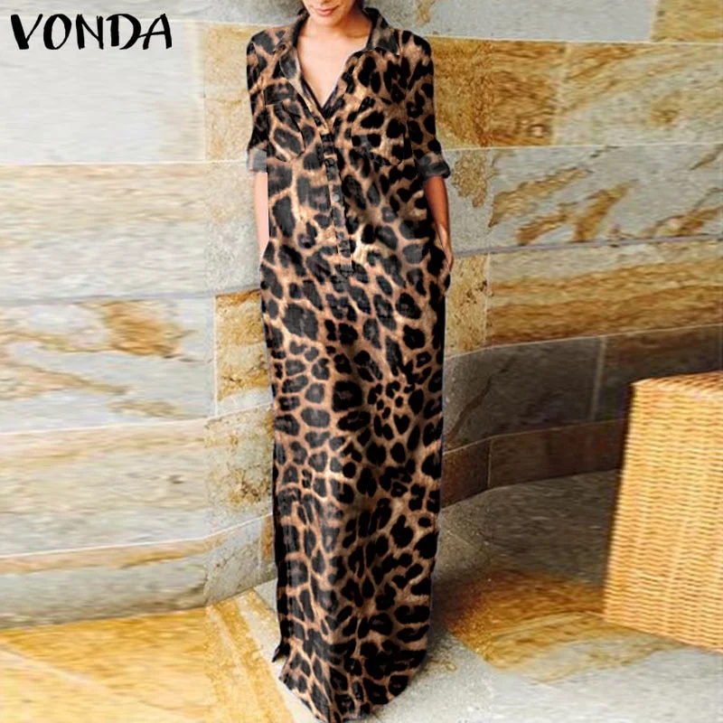 Demin Sundress 2022 Women Casual Turn Down Neck Long Sleeve Solid Dresses VONDA Loose Beach Sundress Bohemian Party Vestidos