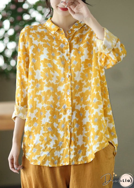 Organic Yellow Peter Pan Collar Print Cotton Shirts Long Sleeve