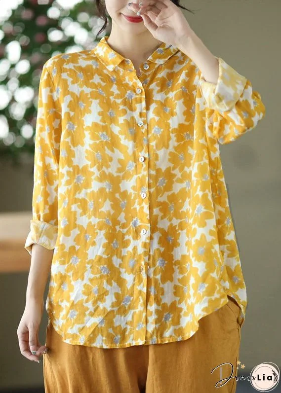 Organic Yellow Peter Pan Collar Print Cotton Shirts Long Sleeve